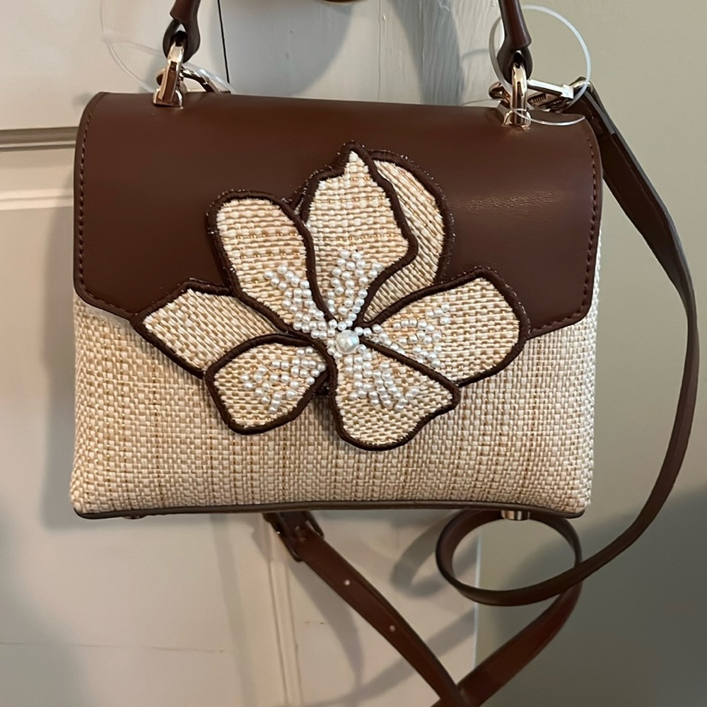 Anne Klein Brown and Cream Floral Applique Top-Handle Bag